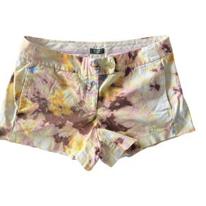 J. Crew watercolor or tie-dye print in yellow, purple, and brown tones